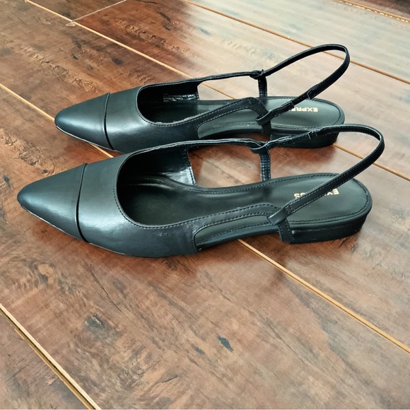 Black Cap Toe Ballet Slingback Flats with Pointed Toe - Picture 6 of 11